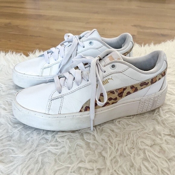 PUMA Smash Platform V2 White and Leopard Sneakers | Size 7.5 - Picture 1 of 9